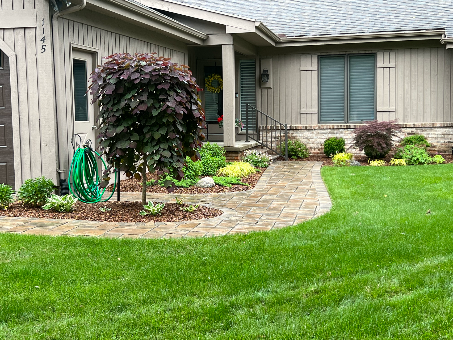Brick pathway leads to beige house with dark red tree and manicured lawn.