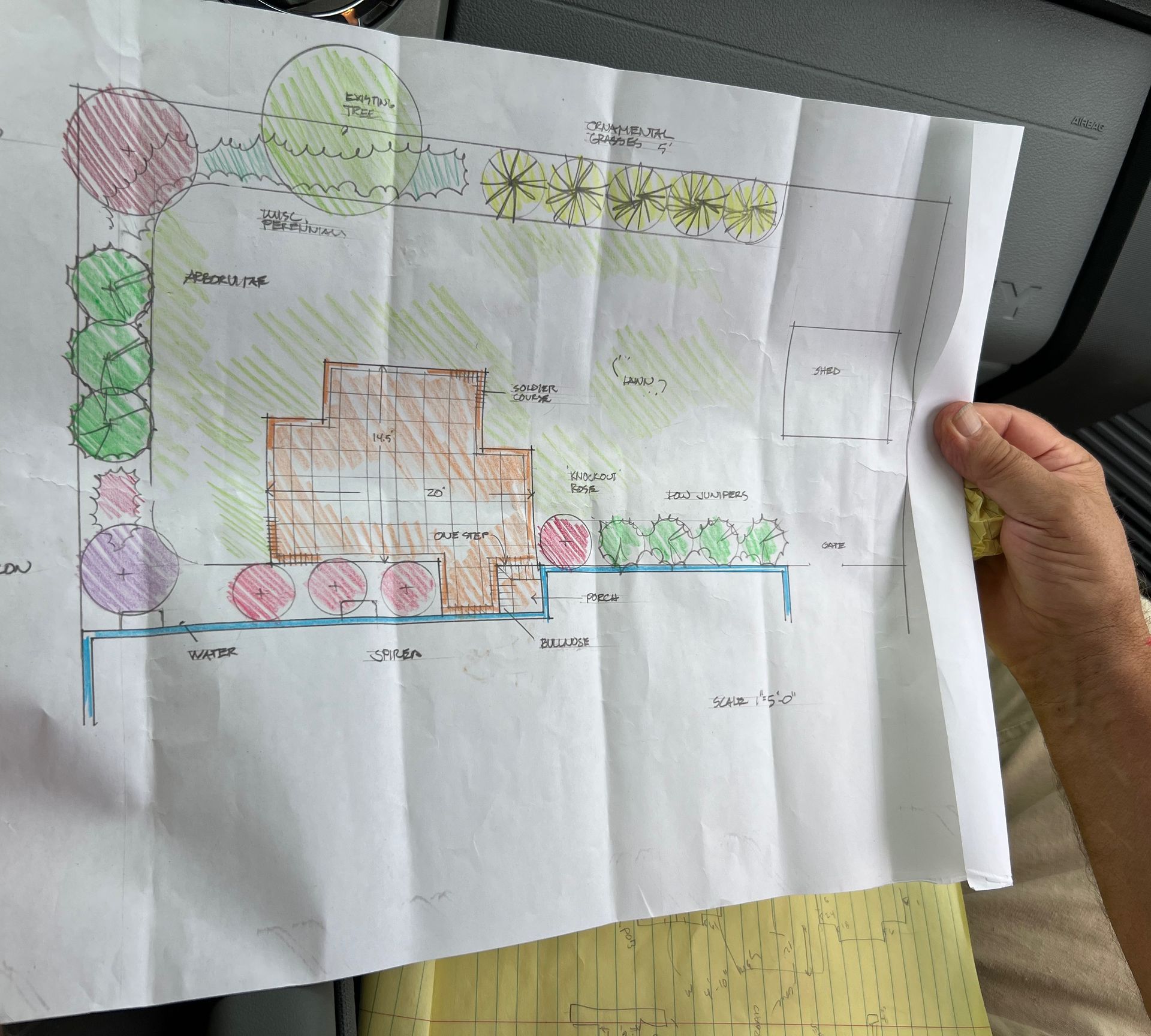 Hand holding a landscape design plan with colored drawings of trees, a building, and pathways.