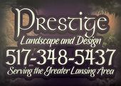 Logo for Prestige Landscape and Design, with phone number 517-348-5437; serves the Greater Lansing Area.