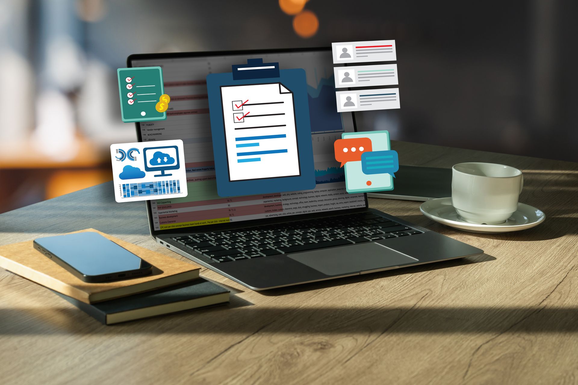 A laptop computer is sitting on a wooden desk next to a cup of coffee.