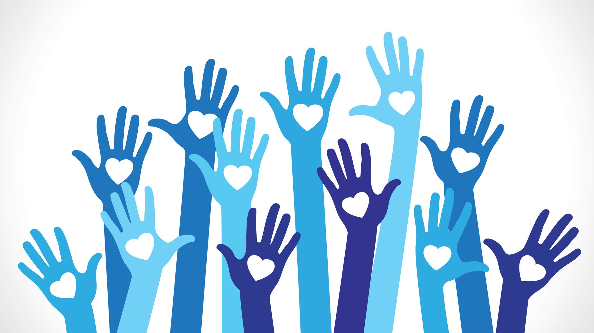 Multiple blue colored cartoon hands and arms in the air.