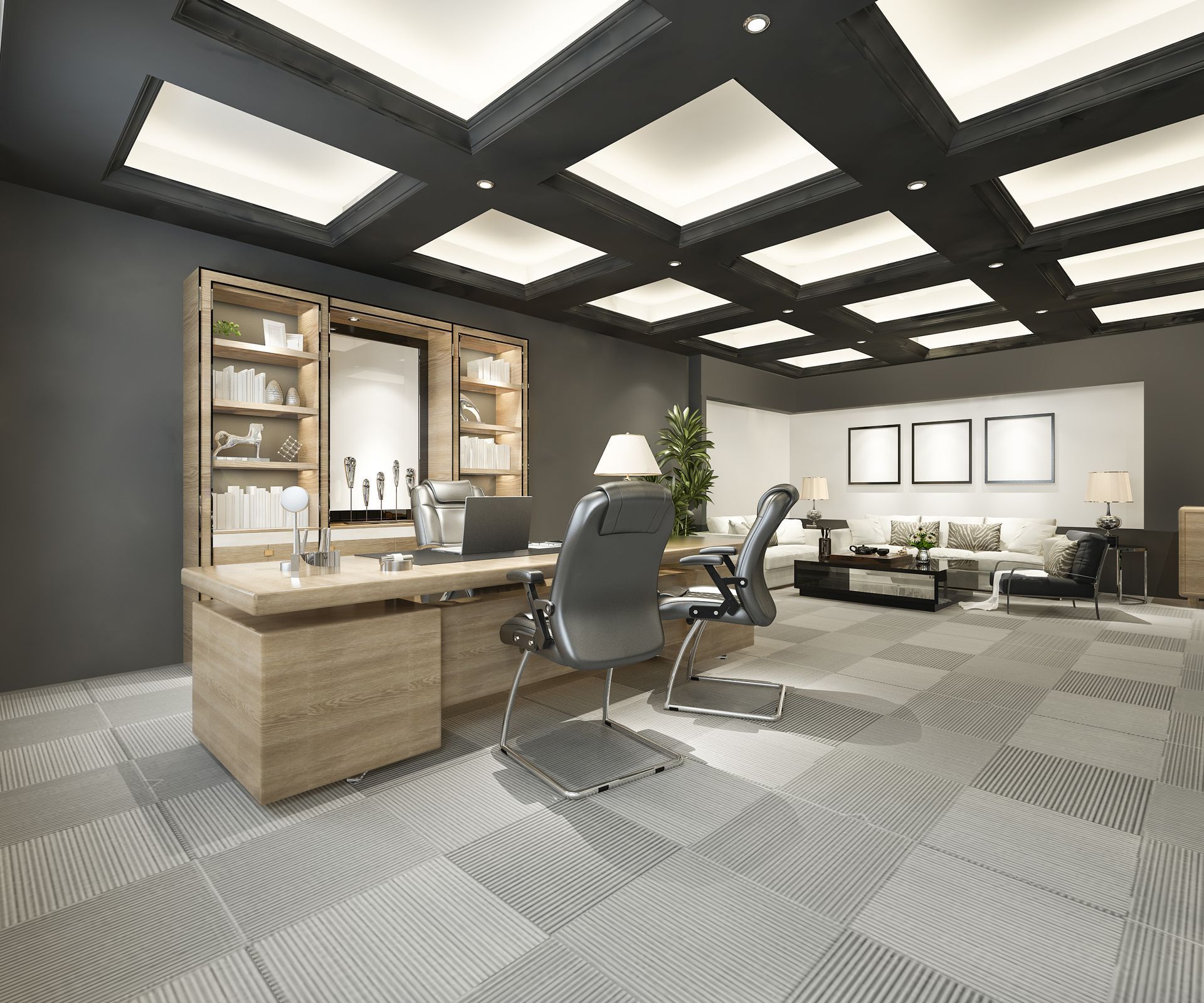 Modern office space with meeting tables, computers, and seating areas. Modern office with desk, shelving, seating, and square ceiling lights.