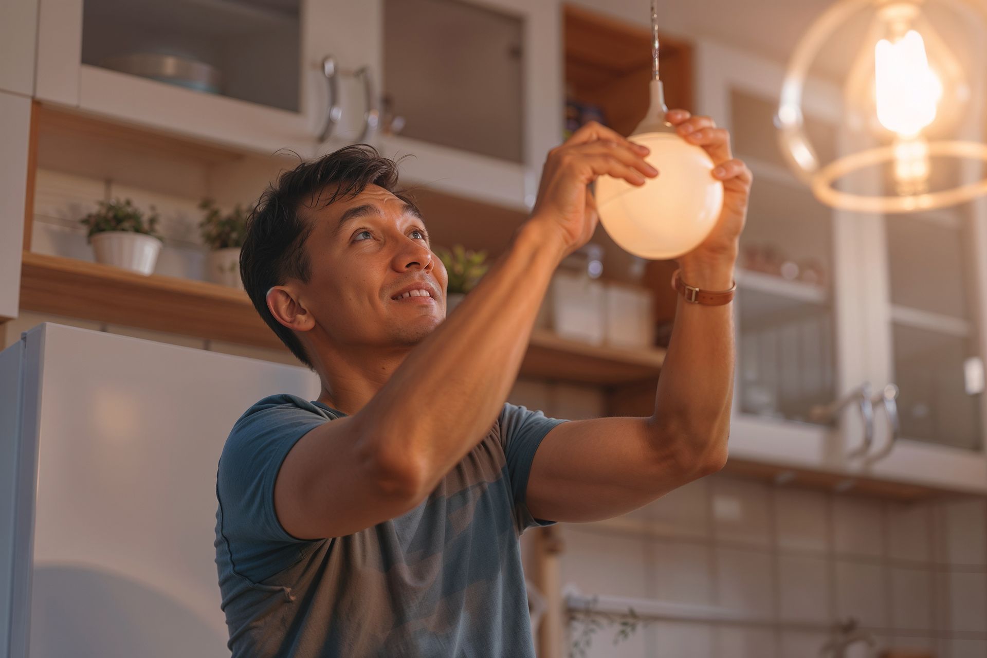 Modern office space with meeting tables, computers, and seating areas. Man replacing a lightbulb in a kitchen, smiling up at it.