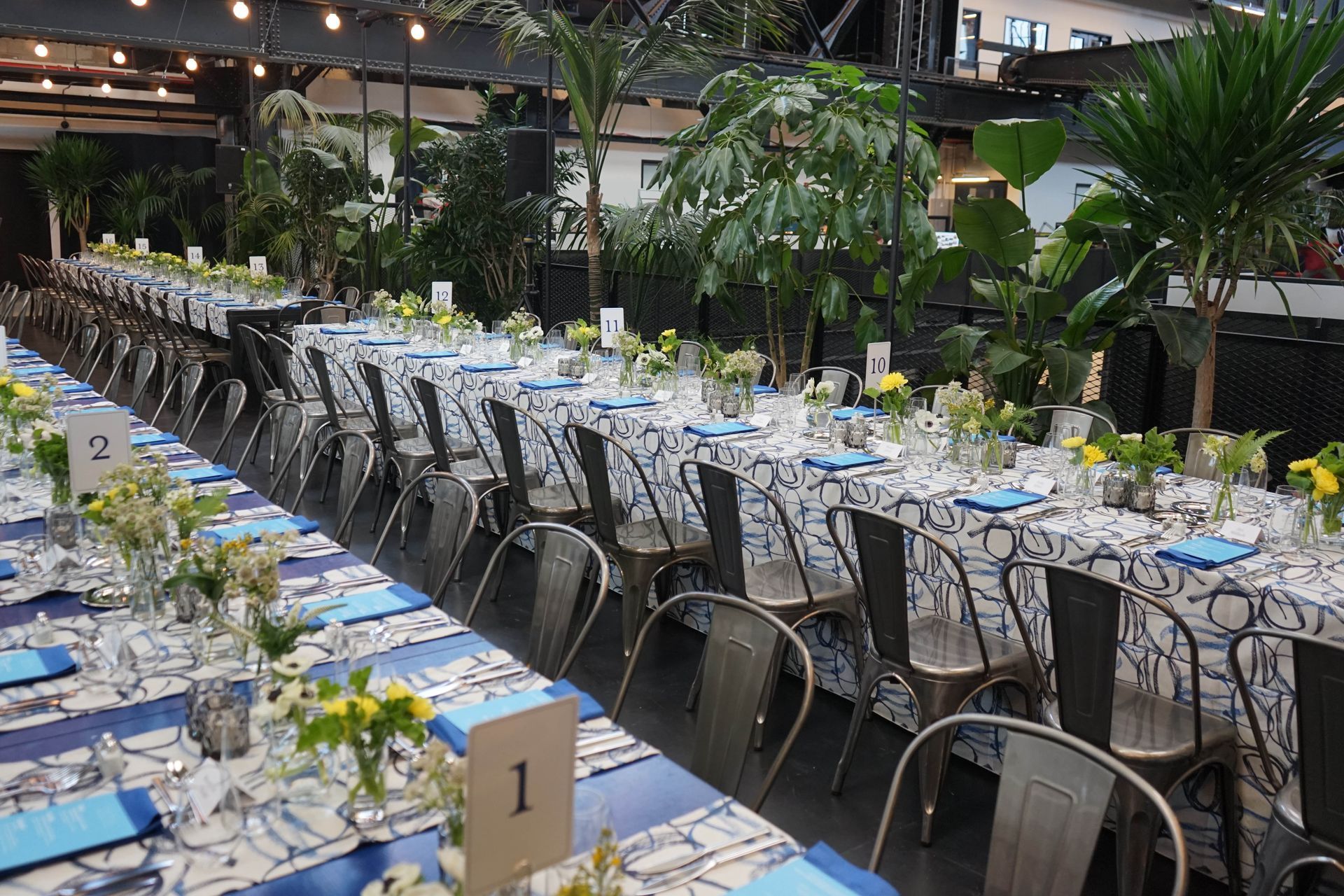 Long banquet tables set for an outdoor event with blue-and-white table settings and greenery around them
