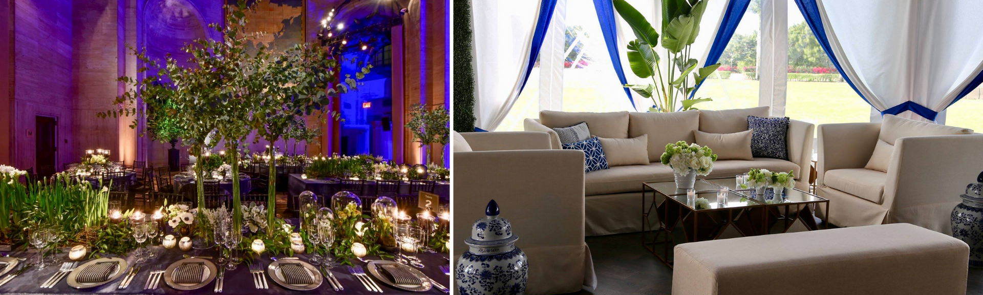 Elegant indoor dining and lounge area with floral decor, white sofas, and purple-lit drapes