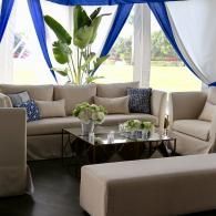 Bright living room with beige sofas, glass coffee table, blue curtains, and large windows with a plant nearby