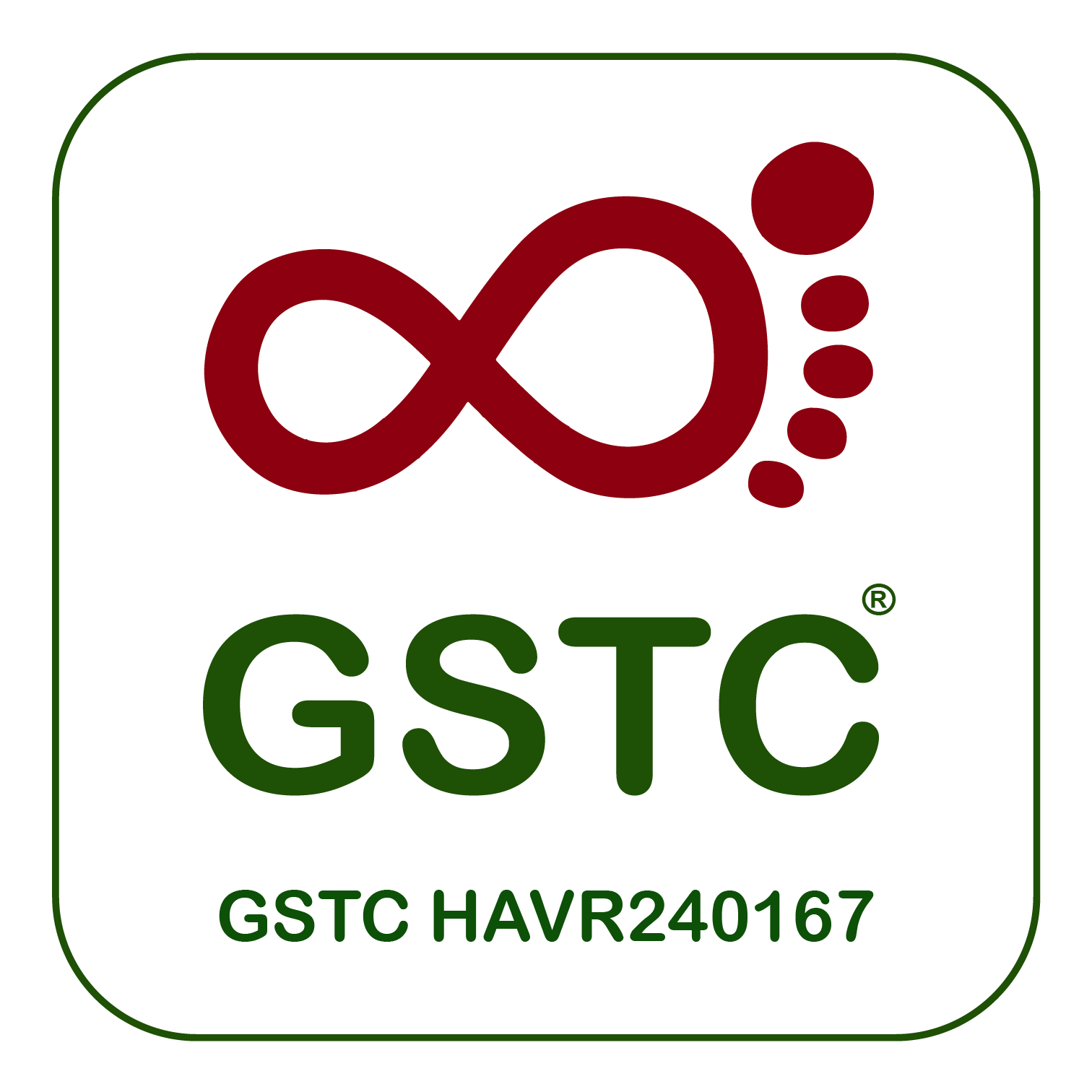Un logo quadrato verde con un simbolo dell'infinito rosso combinato con la forma di un'impronta, la scritta 