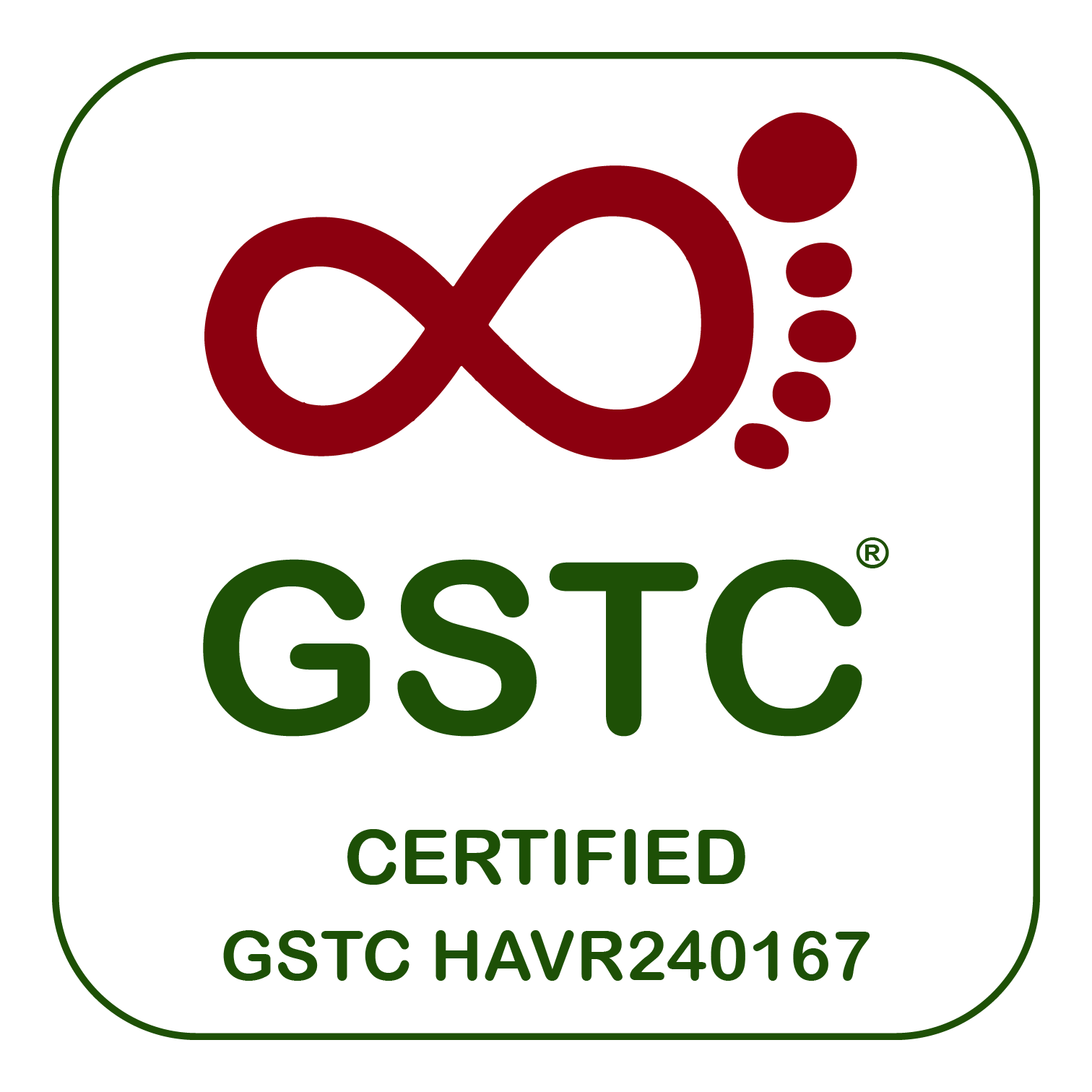 Un logo quadrato verde con un simbolo dell'infinito rosso combinato con la forma di un'impronta, la scritta