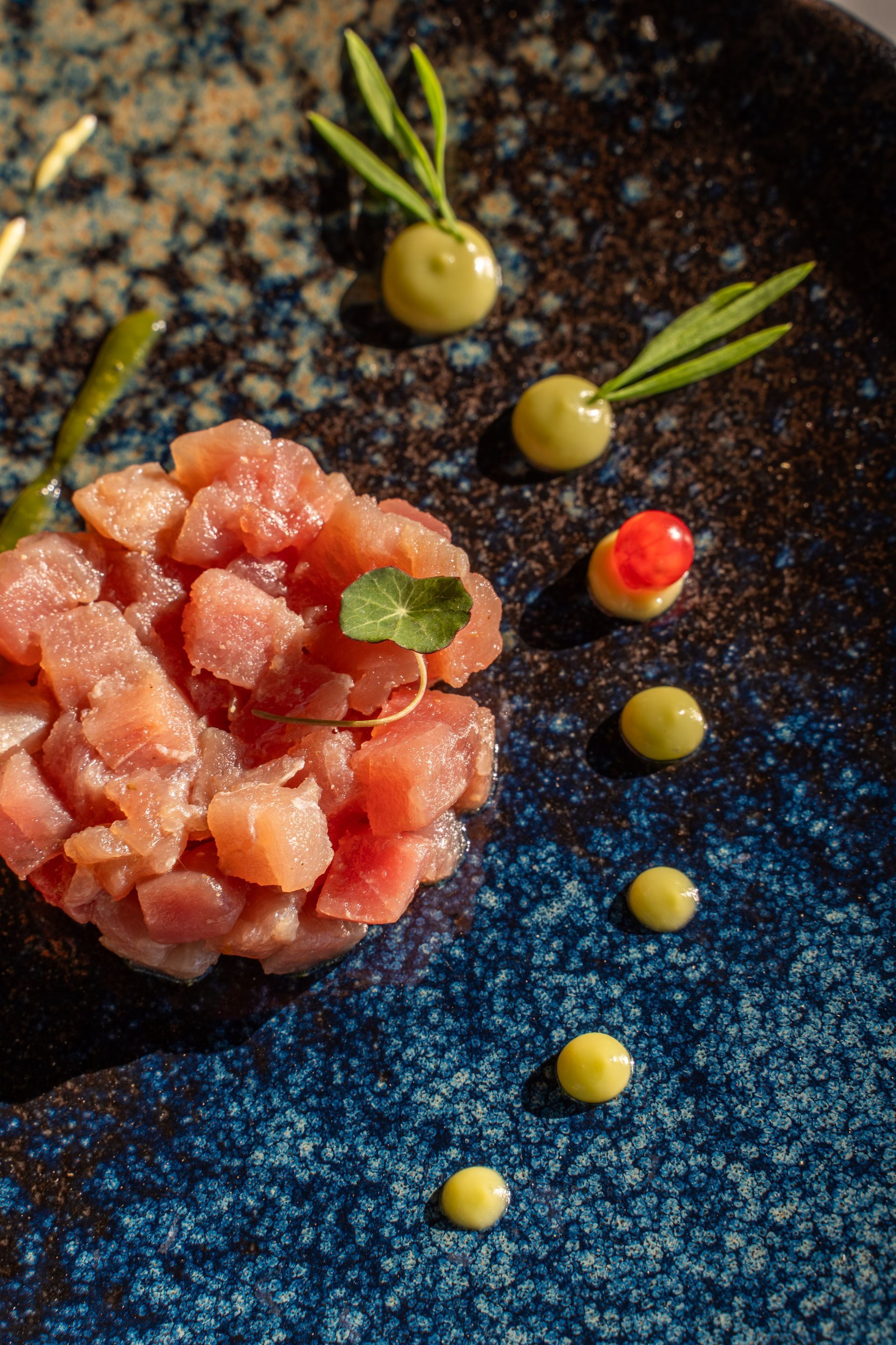 A tuna tartare dish arranged on a dark blue speckled plate with garnish dots and small green sprouts.