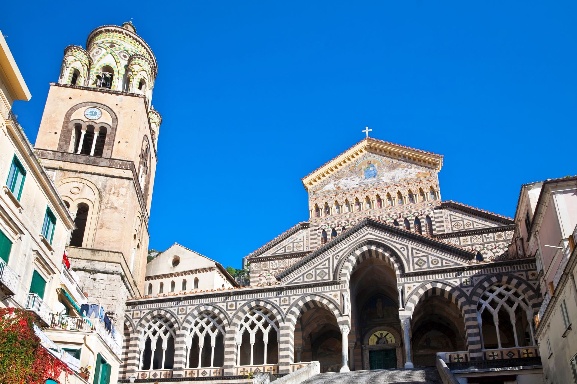 View of Amalfi town and its cathedral, the Duomo of Amalfi