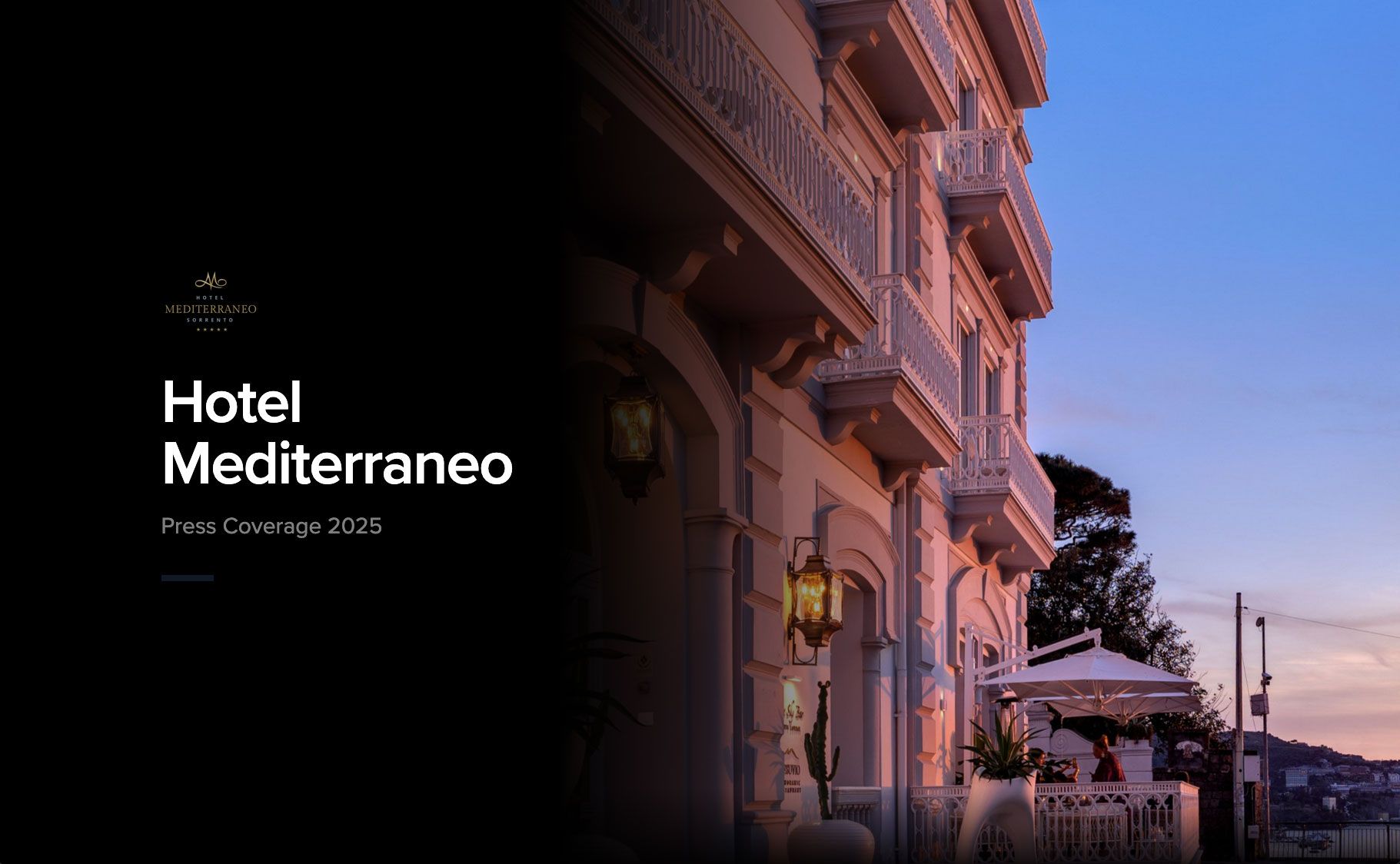 A side view of the Hotel Mediterraneo building at dusk, with text overlay branding and 