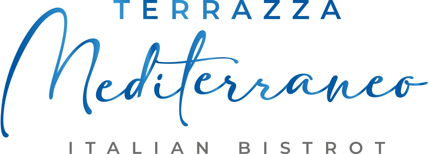 Logo for Terrazza Mediterraneo Italian Bistrot featuring blue cursive script text on a white background.
