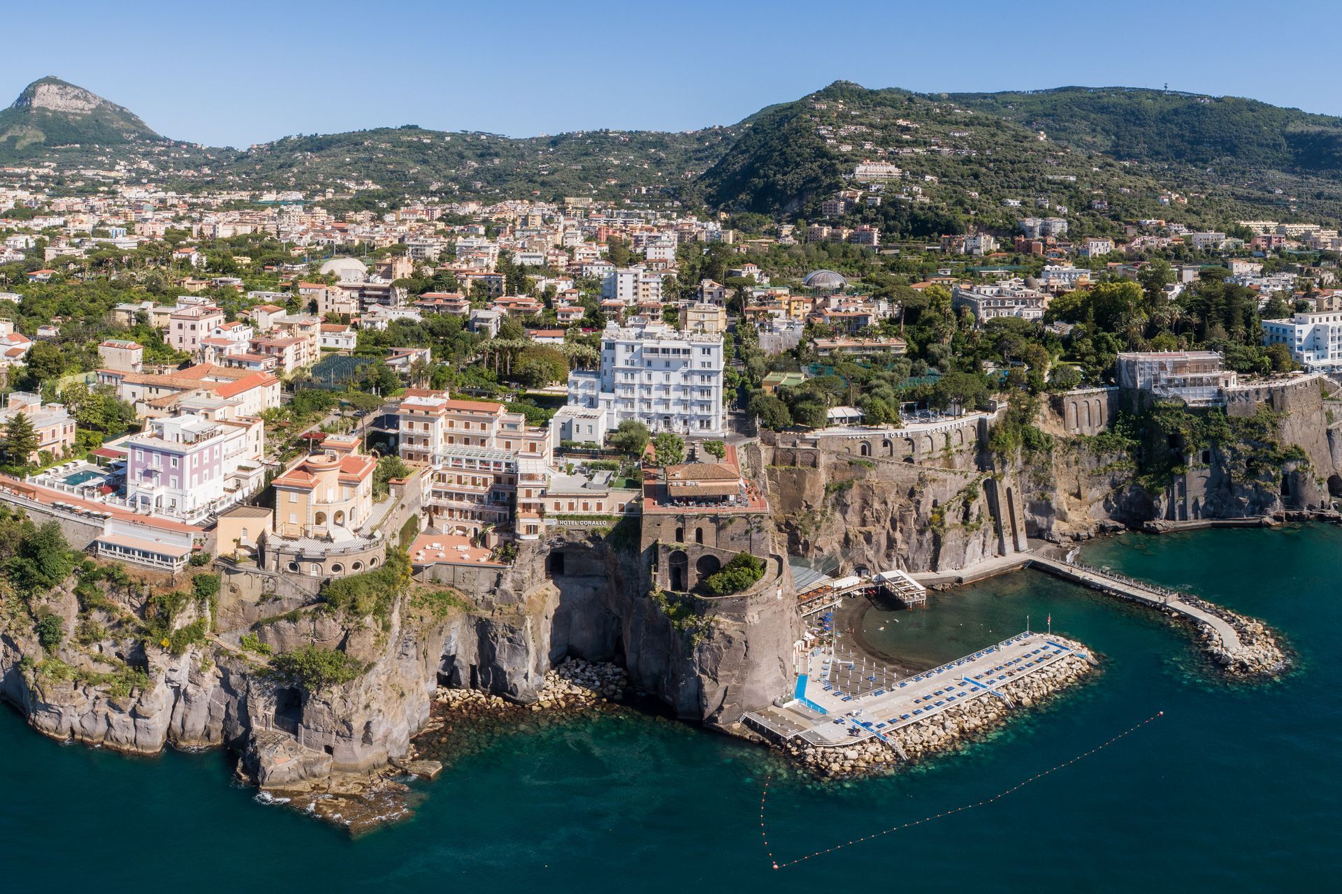 Aerial daytime view of 5-star Hotel Mediterraneo on the cliffs of Sant'Agnello, the base for every Sorrento and Amalfi Coast tour