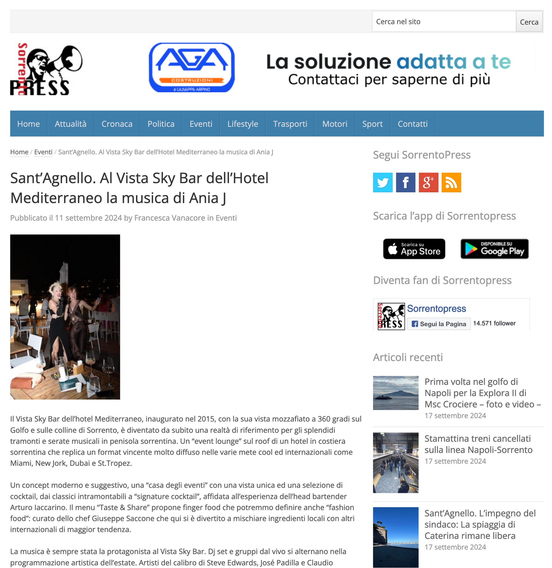 A screenshot of a Sorrento Press news article about a music event at the Vista Sky Bar, featuring a photo of performers.