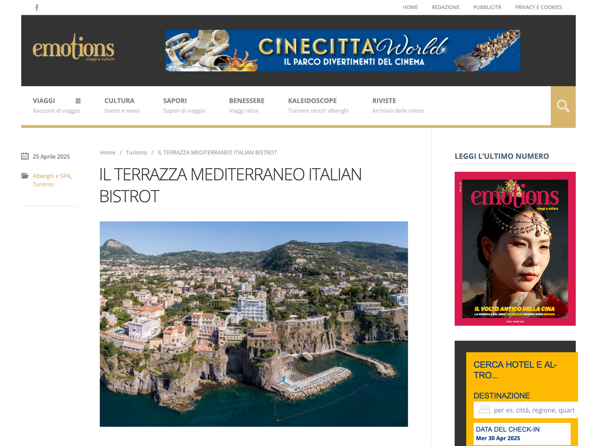A coastal Italian town on cliffs overlooking the sea, featured in an article on the Emotions magazine website.