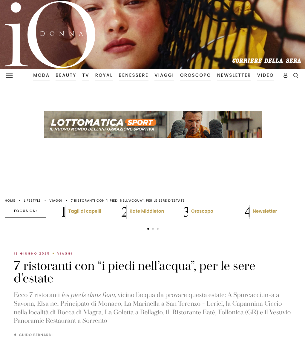 Io Donna website homepage featuring a top banner, a Lottomatica ad, and a headline about seaside restaurants.