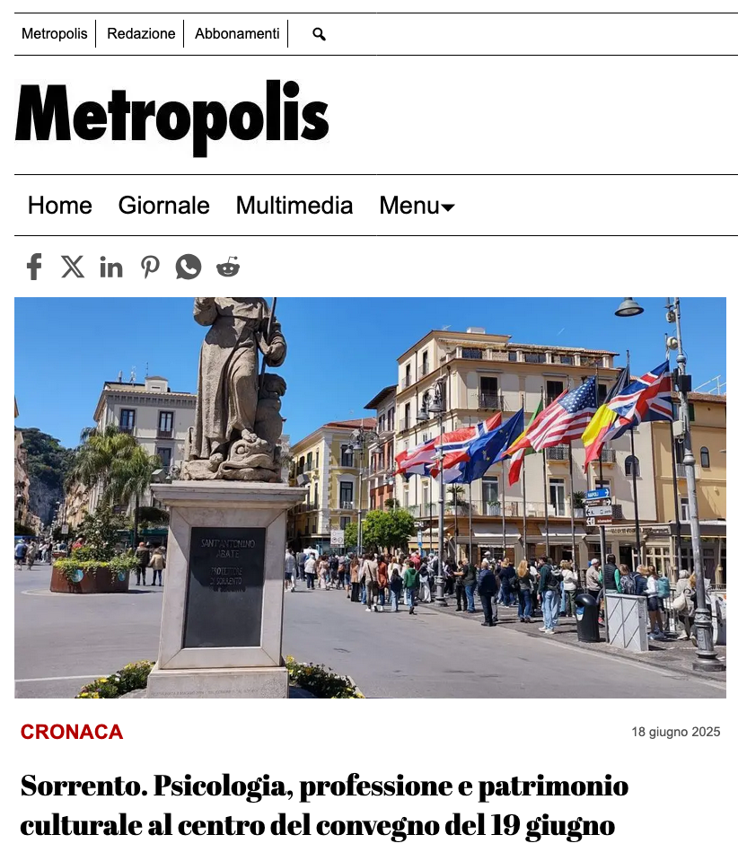 A newspaper headline about a Sorrento conference, featuring a town square with a stone statue and international flags.