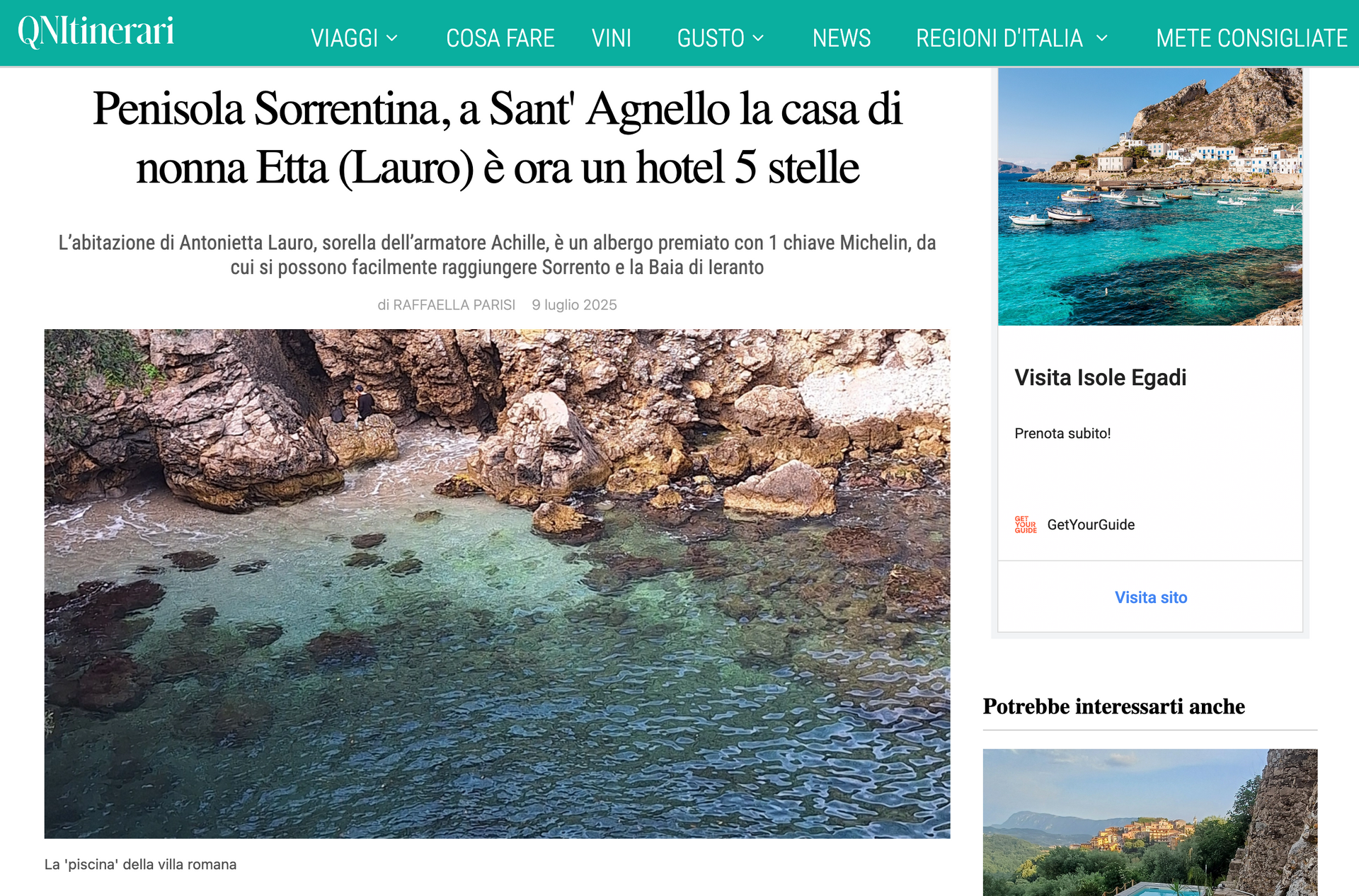 A news article about a new 5-star hotel in Sant'Agnello, Sorrento, featuring a photo of rocky cliffs and clear blue water.