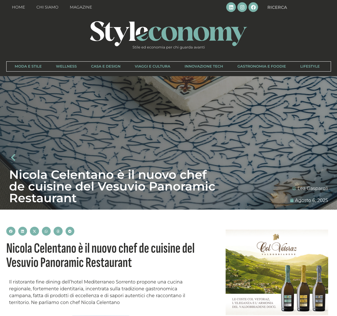 A headline on the Styleconomy website announces Nicola Celentano as the new chef of the Vesuvio Panoramic Restaurant.