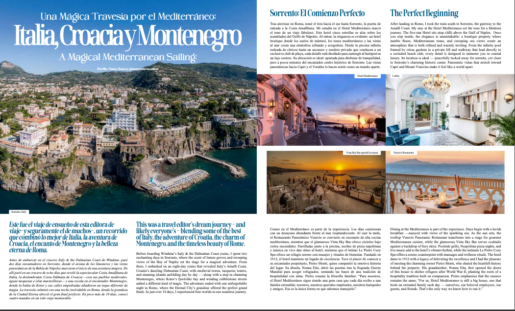 Travel magazine spread featuring photos of Italian coastal towns, hotel interiors, and seaside dining, with article text.