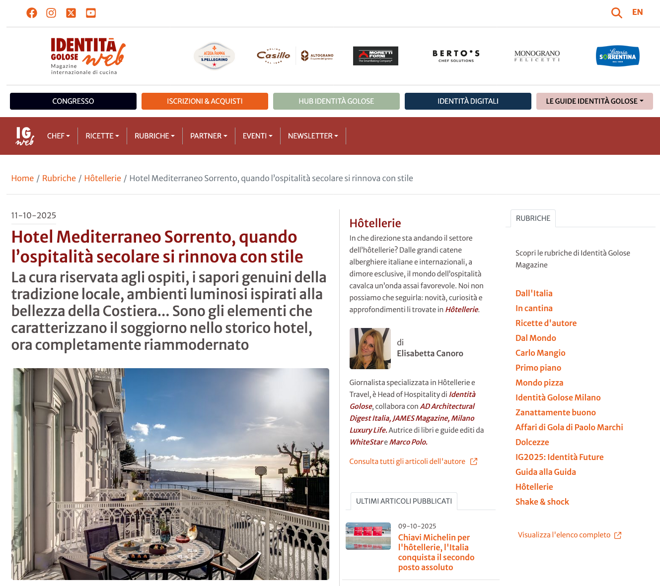 A webpage for Identità Web featuring an article about the Hotel Mediterraneo Sorrento with a view of its terrace.