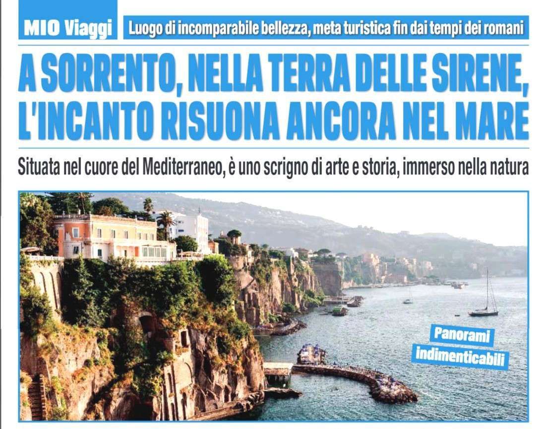 A coastal landscape of Sorrento with cliffs, historic buildings, and a clear sea, featuring an Italian travel title.
