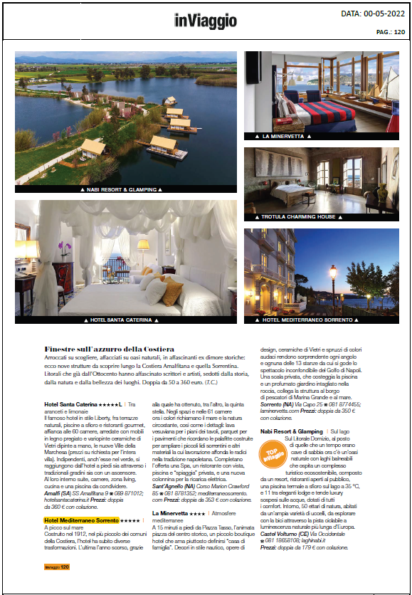 A magazine page featuring photos of luxury hotel rooms, an overwater resort, and a beachside exterior at dusk.