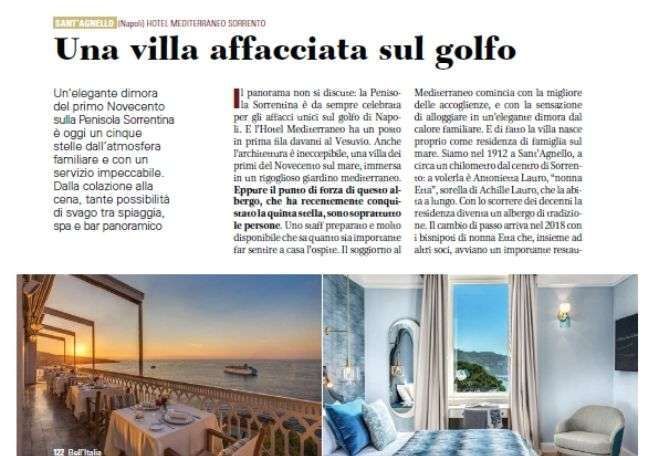 A magazine article about a villa, featuring photos of an outdoor seaside dining area and an elegant hotel room.