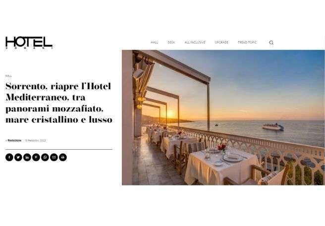 A screenshot of a hotel website featuring an article titled about Hotel Mediterraneo in Sorrento, overlooking the sea.