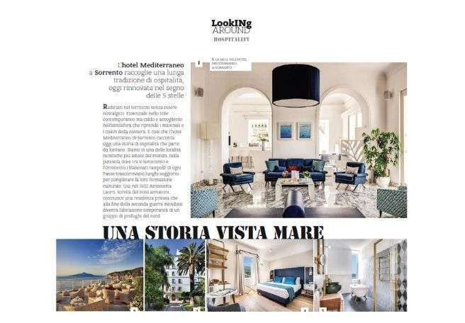 A magazine feature about a Mediterranean hotel with photos of its elegant lounge, sea view, building exterior, and room.
