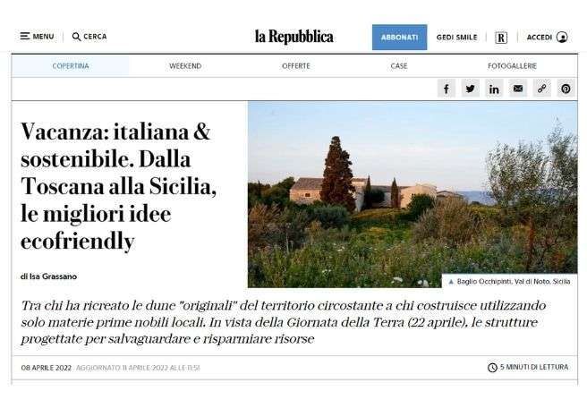A la Repubblica article headline about sustainable Italian travel featuring a rural building surrounded by trees.