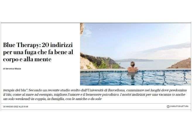 A person in an infinity pool overlooking a calm sea, with text about travel destinations for mental and physical well-being.