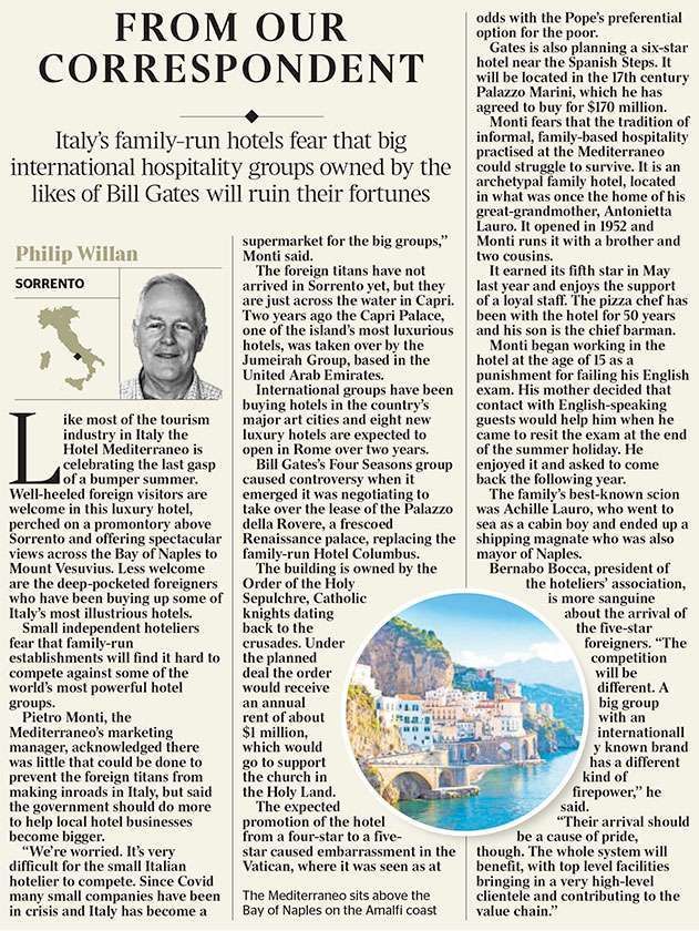 A newspaper article detailing concerns about international hotel chains in Italy, featuring a photo of a coastal town.