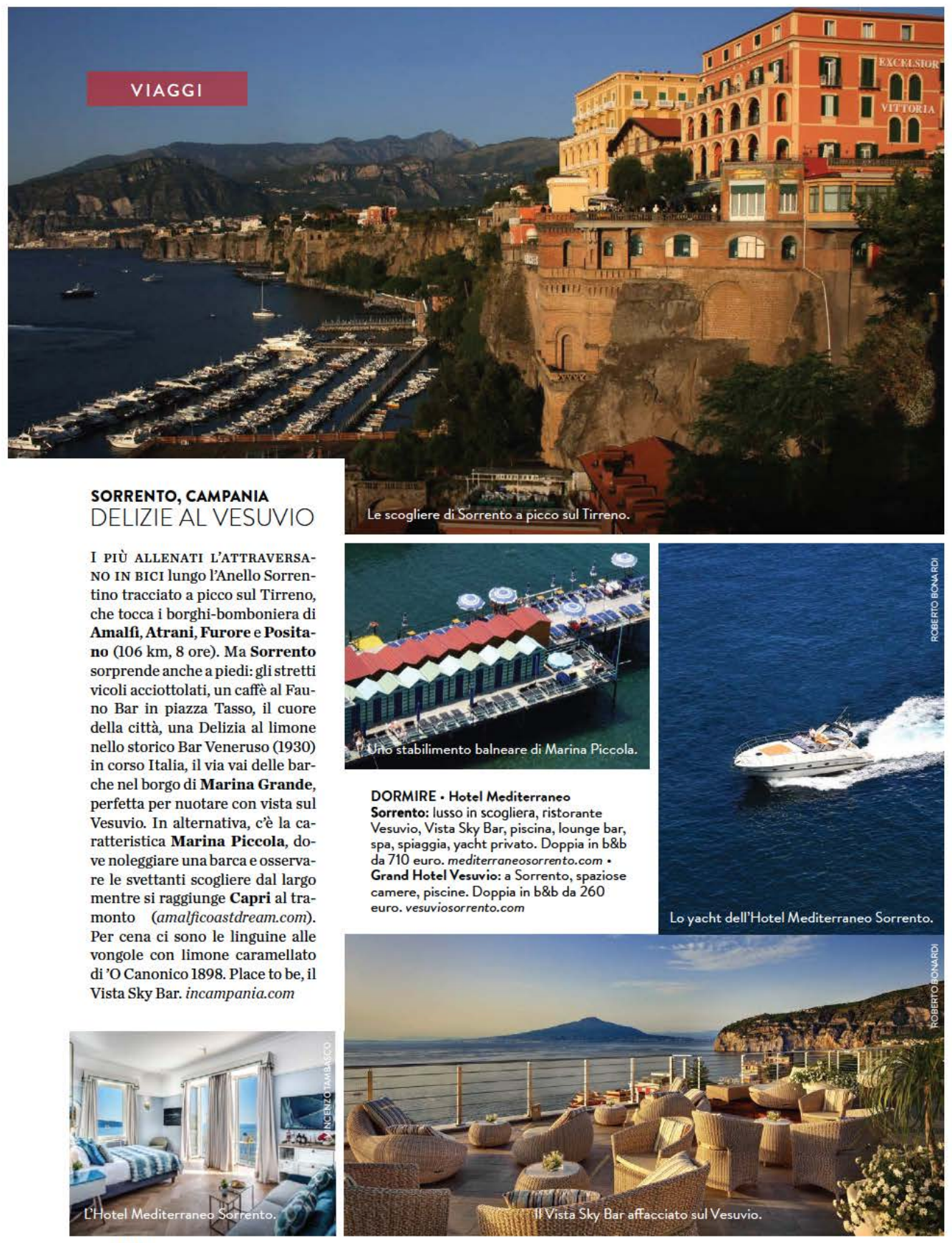 A travel advertisement showing a clifftop hotel in Sorrento overlooking the sea and Mount Vesuvius, with interior scenes.