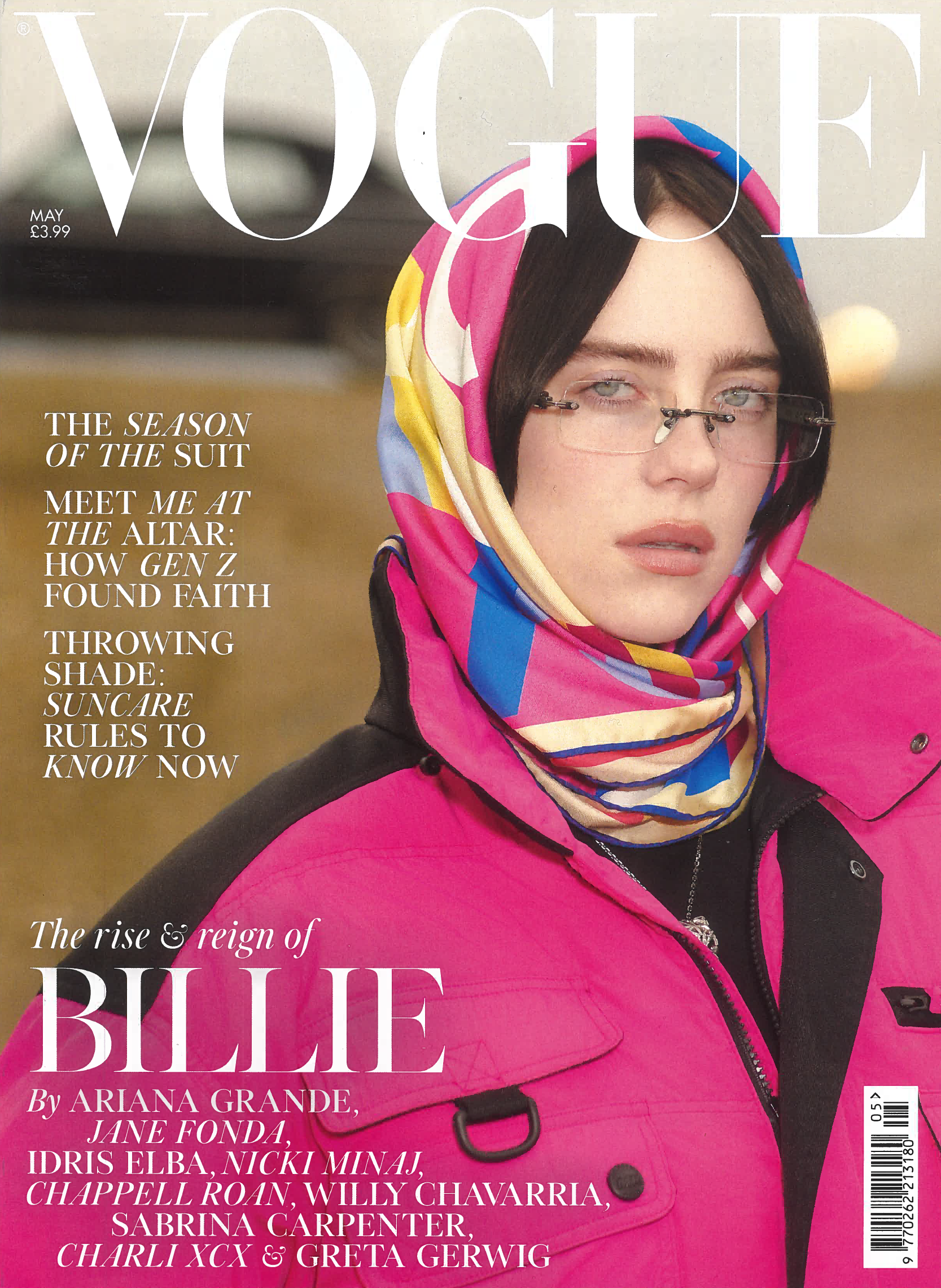 Billie Eilish on a Vogue magazine cover, wearing a colorful headscarf and pink jacket against a neutral backdrop.