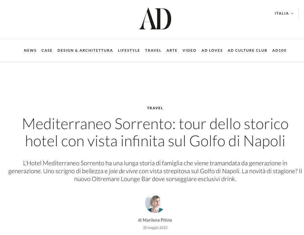 AD magazine article header about the historic Hotel Mediterraneo in Sorrento with a view of the Gulf of Naples.