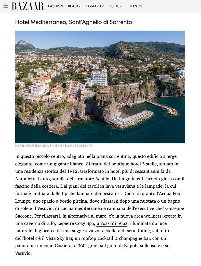 Aerial view of Hotel Mediterraneo, situated on a cliff overlooking the sea in Sant'Agnello di Sorrento, Italy.