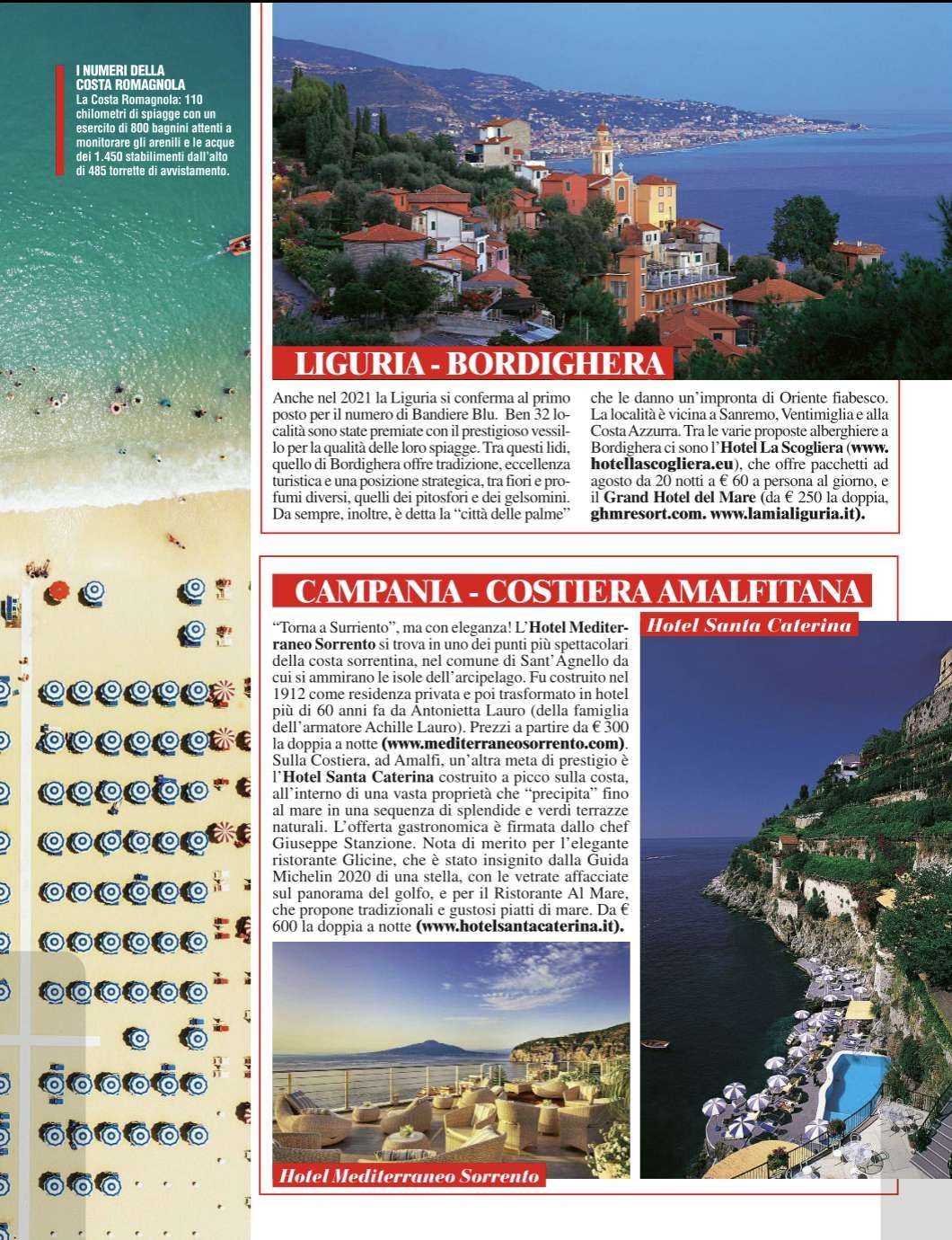 A travel brochure page featuring beach views in Liguria and the Amalfi Coast, including photos of towns and luxury hotels.