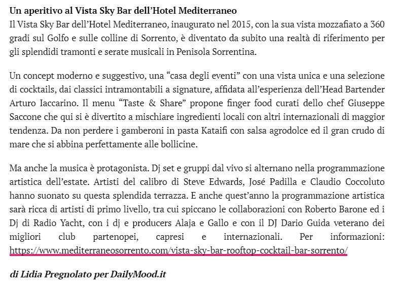 An article about the Vista Sky Bar at Hotel Mediterraneo, featuring details on its cocktails, food, and music events.