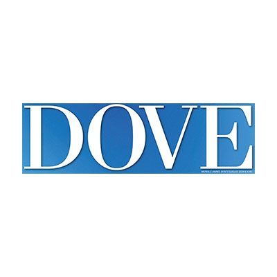 Dove logo in white serif letters on a blue rectangular background