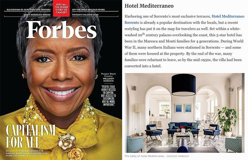 A Forbes magazine cover features a person in a yellow top next to an article about the Mediterranean Hotel interior.