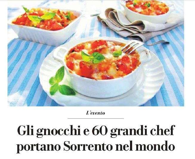 Gnocchi in small white ceramic bowls garnished with basil on a blue and white striped tablecloth, with the title below.