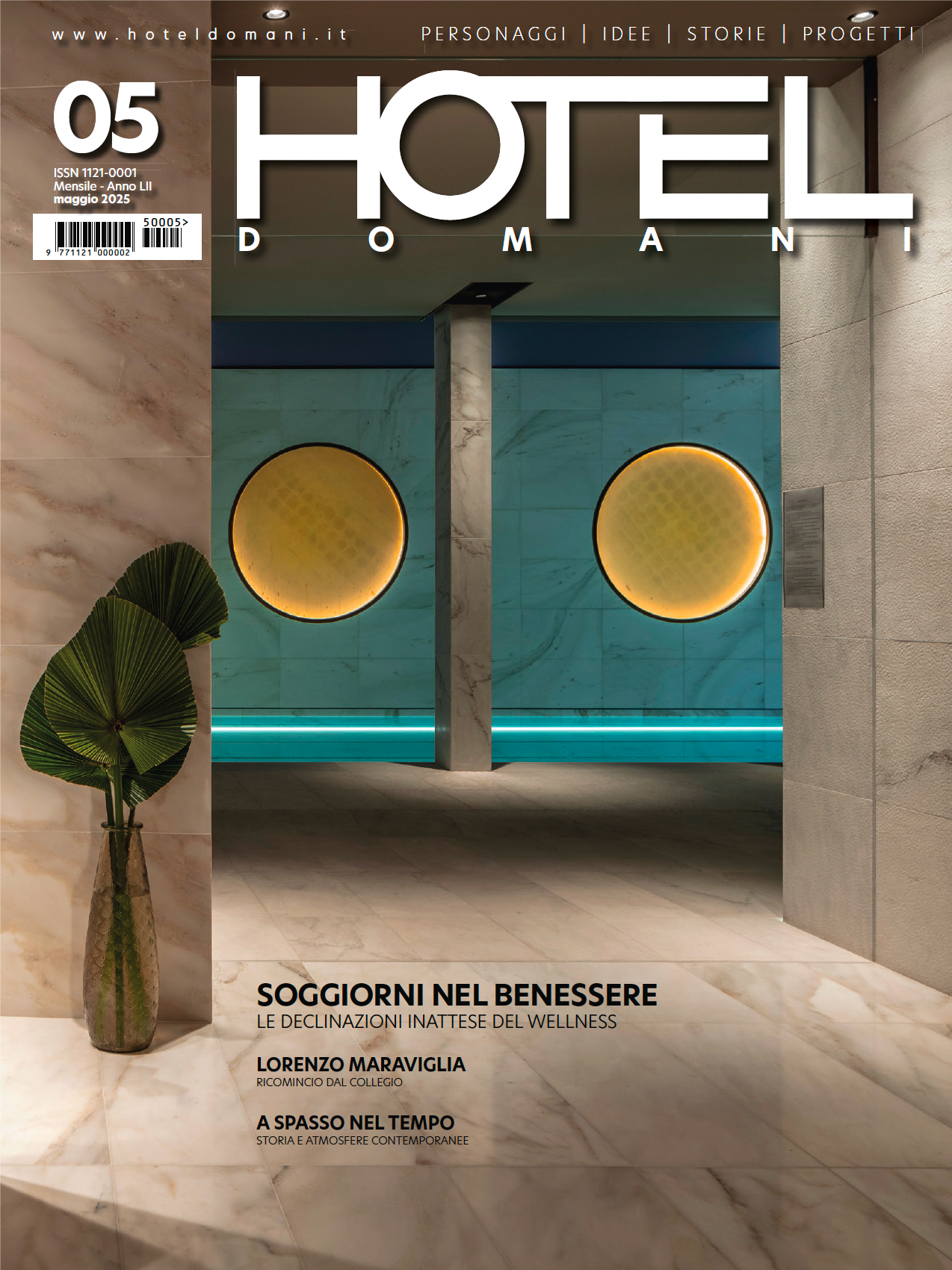 Cover of Hotel Domani magazine featuring a modern spa interior with turquoise walls, glowing circular lights, and a plant.