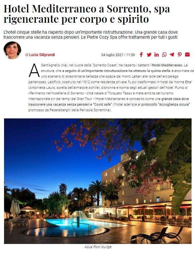 An article about Hotel Mediterraneo in Sorrento, featuring a nighttime shot of its illuminated swimming pool and hotel.