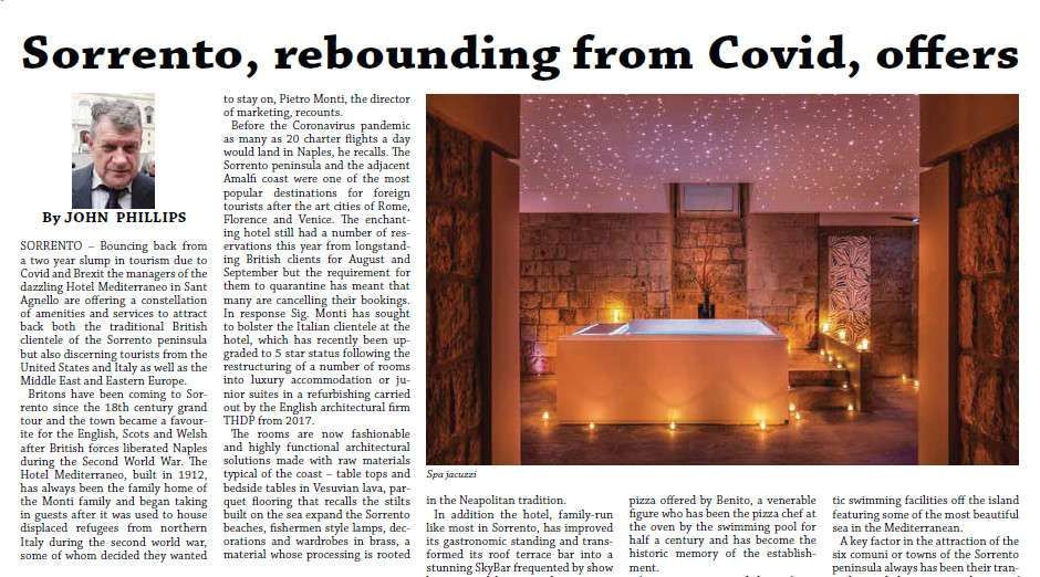 A news article headline, a photo of a man, and a dimly lit, candlelit spa room with a bathtub and a starlit ceiling.