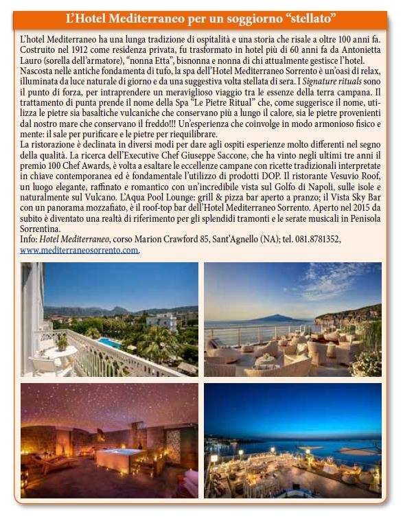 An infographic about Hotel Mediterraneo with a descriptive text block and four photos of its amenities, views, and spa.