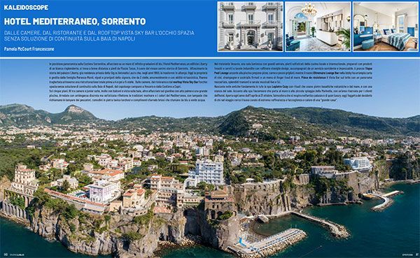 Aerial view of Hotel Mediterraneo, Sorrento, featuring surrounding cliffs, coastal landscape, and interior room photos.