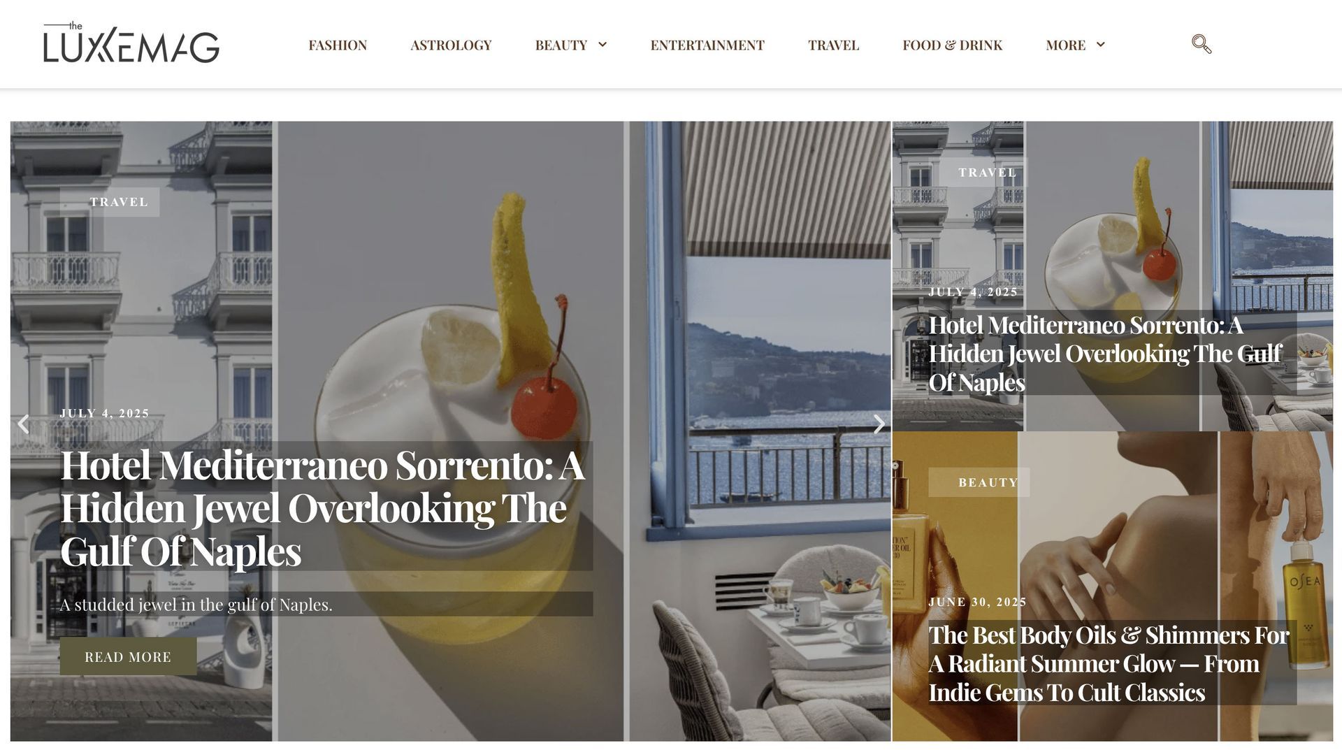 Homepage of Luxemag website featuring travel, lifestyle, and luxury hotel articles, including Hotel Mediterraneo Sorrento.