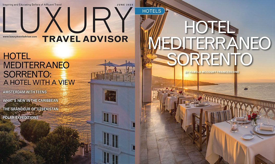 Magazine cover featuring Hotel Mediterraneo Sorrento, showing a sunset terrace dining area overlooking the sea.