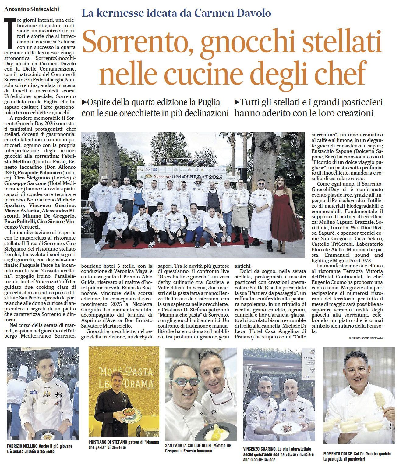Newspaper clipping with a headline about Sorrento chefs and multiple photos of people in professional kitchen uniforms.